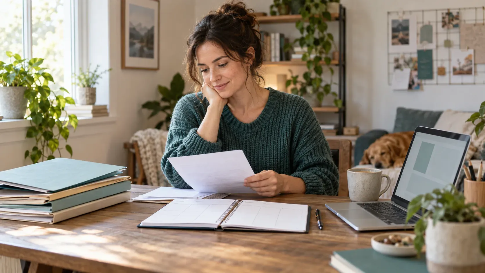 Woman reviews papers beside an open planner and laptop at a sunlit home desk.