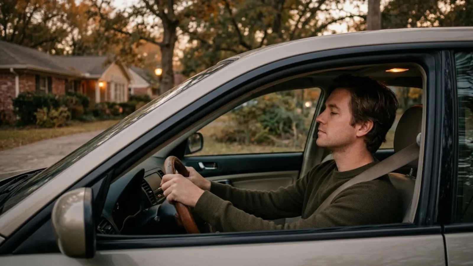 A man sitting in a parked car taking a slow breath before driving