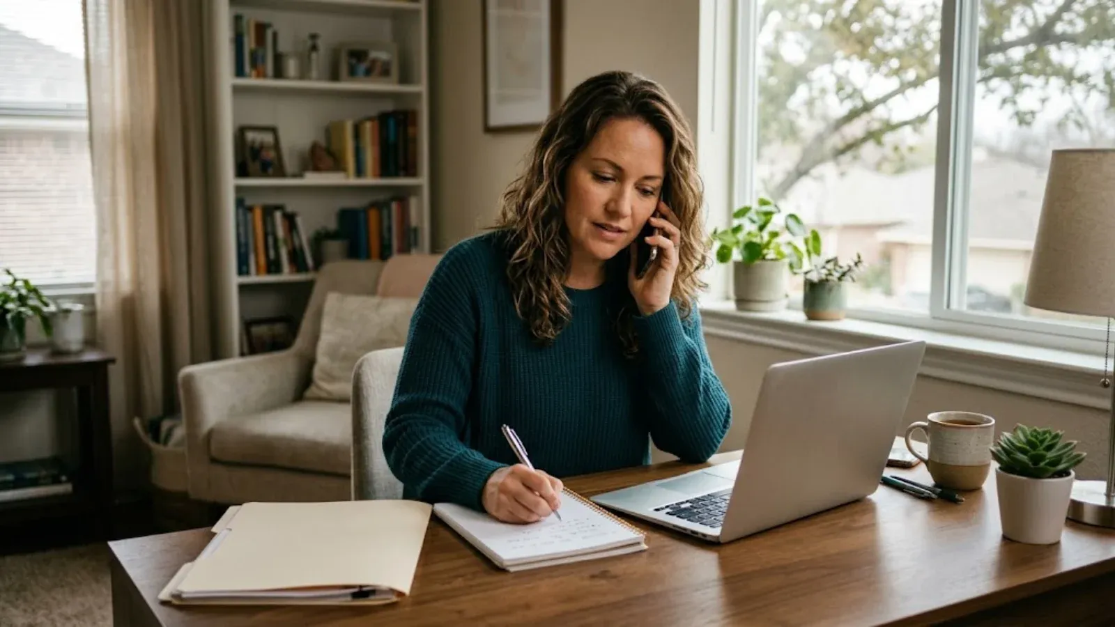 A woman on a phone call at her home desk taking notes beside a laptop and paperwork