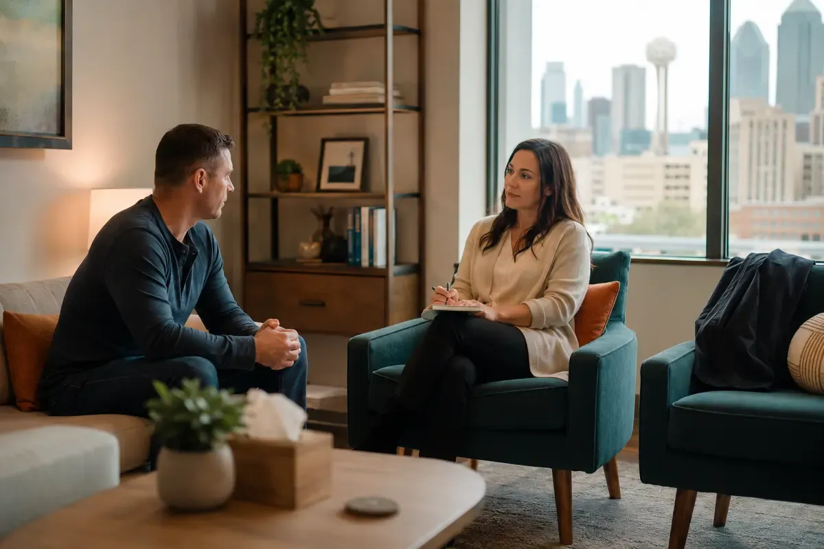 Off-duty first responder having a private and confidential conversation with a mental health clinician in a Dallas office