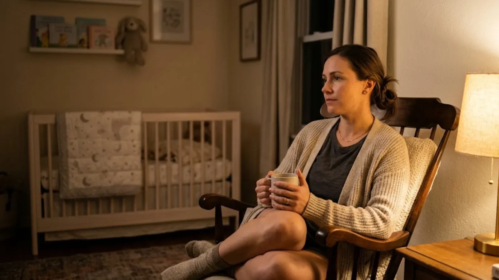 A woman in a rocking chair in a softly lit nursery at night holding a mug