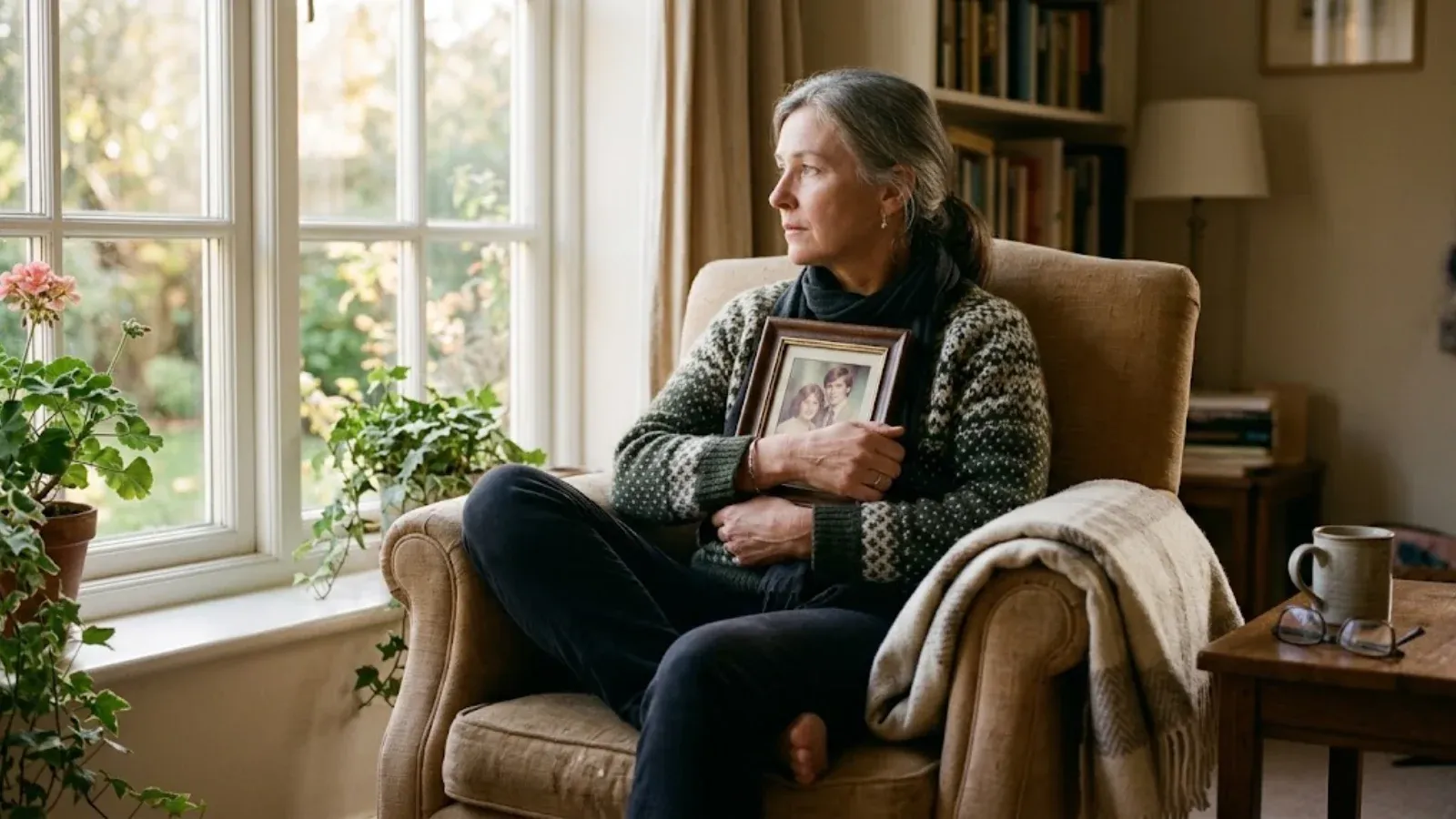 A woman in an armchair by a window holding a framed photo