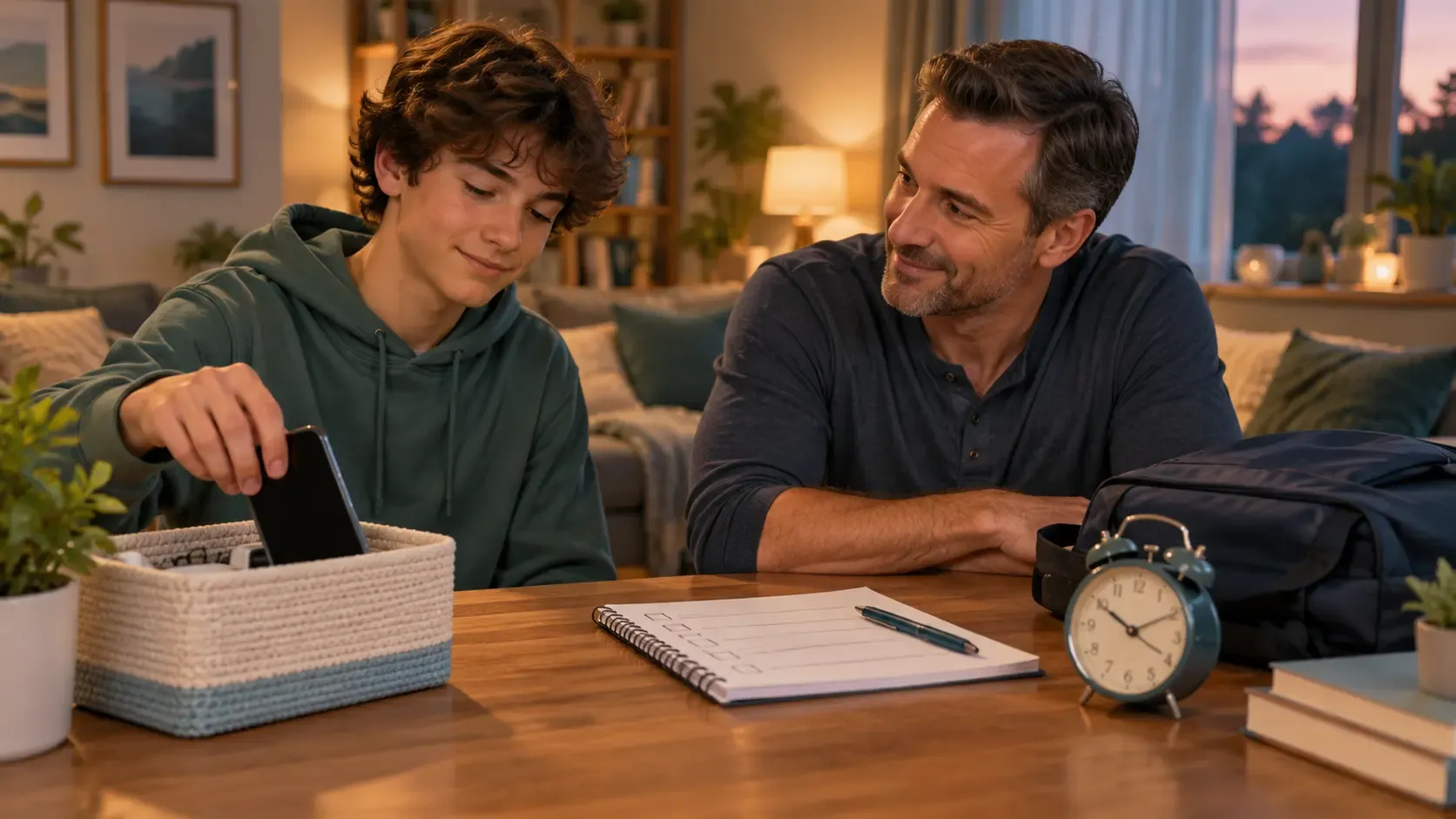 Teen places a phone in a charging basket while talking with a parent beside an alarm clock and backpack.